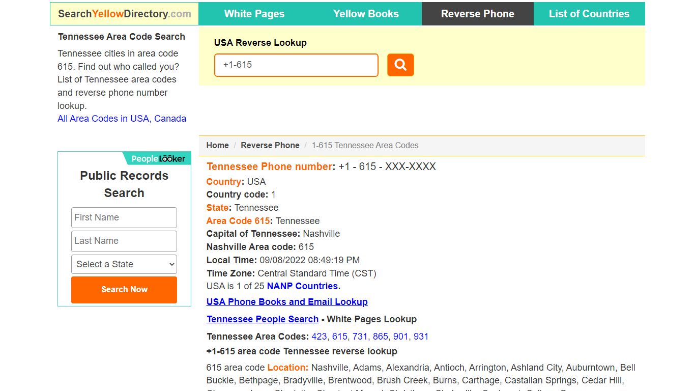 Tennessee Area Code 615 Reverse Phone Number Lookup